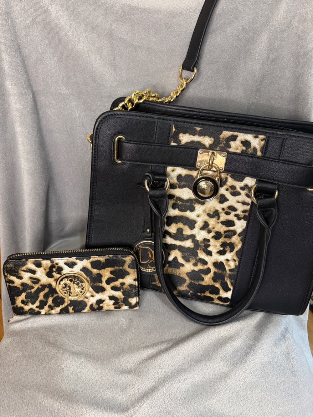 Black Satchel with Leopard-Print Panels and Matching Zip Wallet